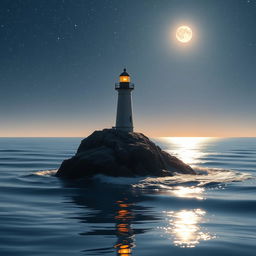 A serene nighttime scene featuring a small lighthouse standing tall, its beam illuminating the surroundings, set against a backdrop where the small rock it stands on is partially submerged in the tranquil sea