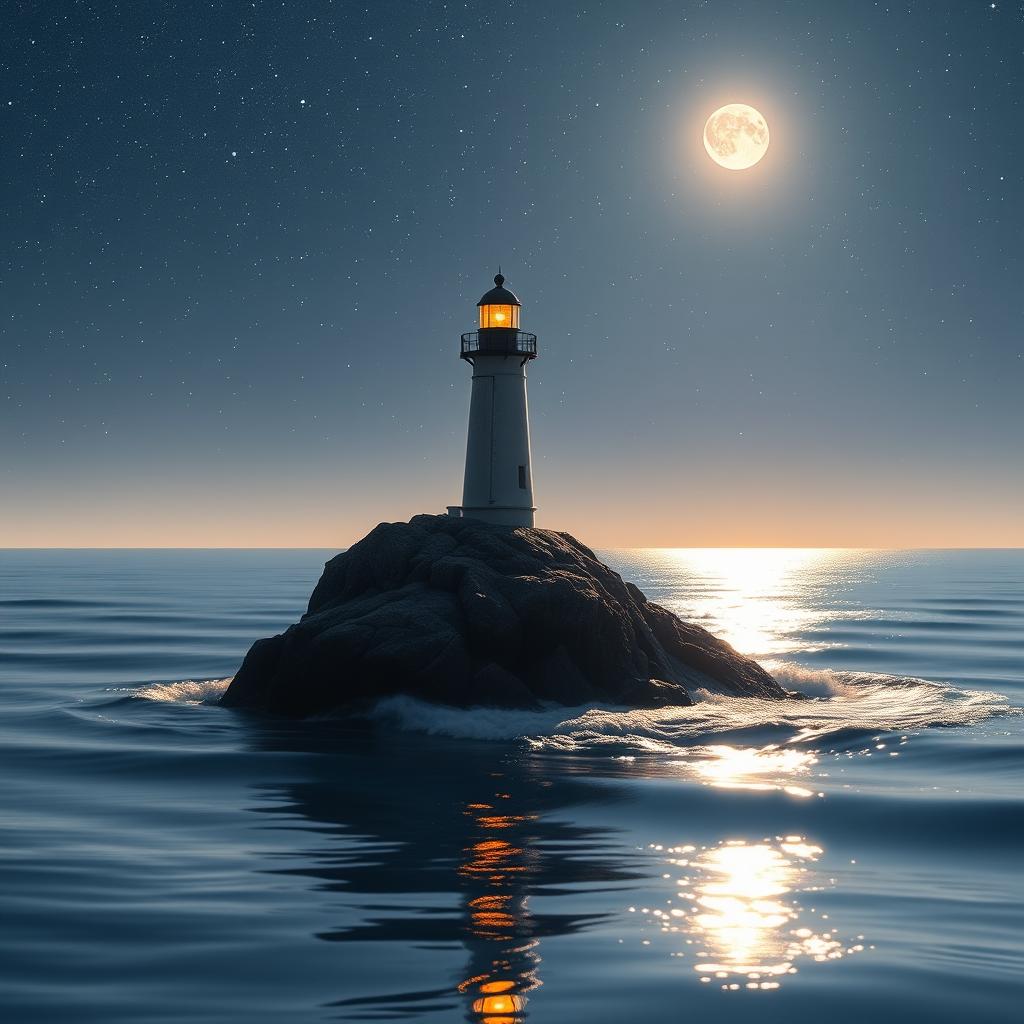 A serene nighttime scene featuring a small lighthouse standing tall, its beam illuminating the surroundings, set against a backdrop where the small rock it stands on is partially submerged in the tranquil sea