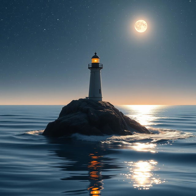 A serene nighttime scene featuring a small lighthouse standing tall, its beam illuminating the surroundings, set against a backdrop where the small rock it stands on is partially submerged in the tranquil sea