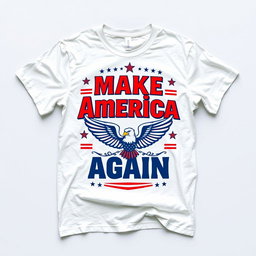 A trendy, eye-catching white t-shirt design displaying bold, colorful graphics that emphasize support for Donald Trump