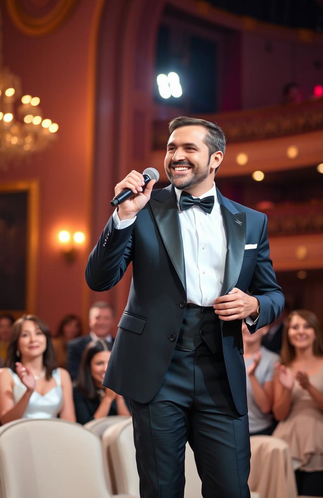 A charismatic gentleman performing on stage, dressed in a classic tuxedo with a bow tie, showcasing elegance and charm