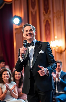 A charismatic gentleman performing on stage, dressed in a classic tuxedo with a bow tie, showcasing elegance and charm
