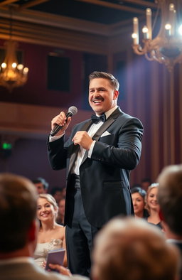 A charismatic gentleman performing on stage, dressed in a classic tuxedo with a bow tie, showcasing elegance and charm