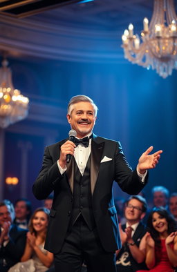 A charismatic gentleman performing on stage, dressed in a classic tuxedo with a bow tie, showcasing elegance and charm