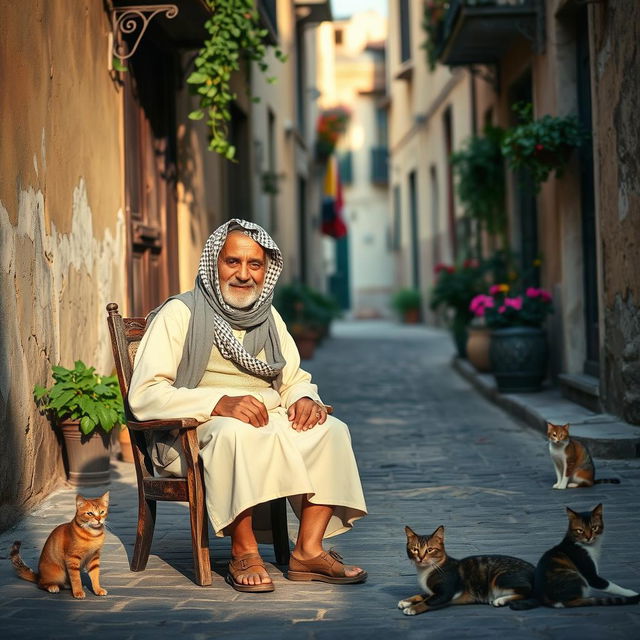A serene and atmospheric scene in an old street of Beirut, featuring an elderly man sitting on a weathered wooden chair