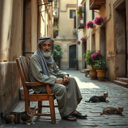 A serene and atmospheric scene in an old street of Beirut, featuring an elderly man sitting on a weathered wooden chair