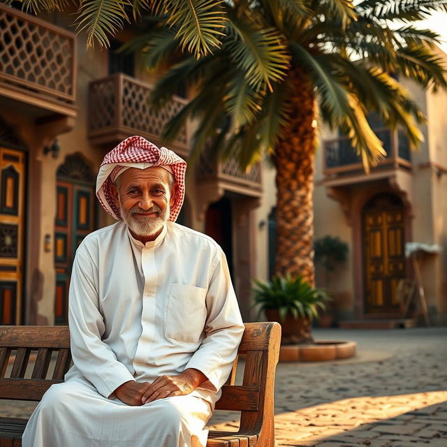 A vibrant scene in an old street of Kuwait, featuring an elderly man seated on a traditional wooden bench