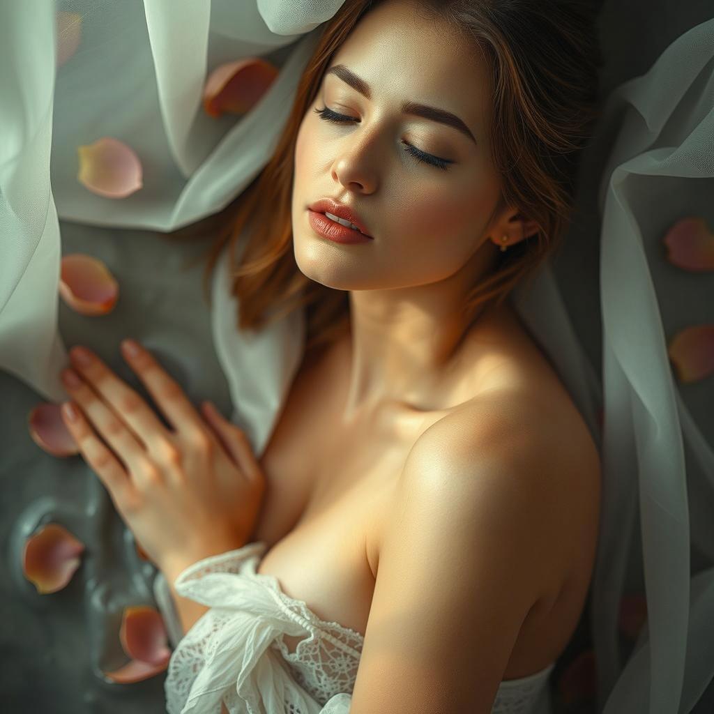 A serene and ethereal portrait of a young woman lying gracefully amongst delicate rose petals