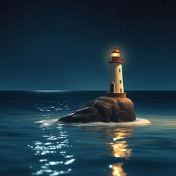 A small, charming lighthouse stands half the size on a tiny rock in the midst of a tranquil sea at night