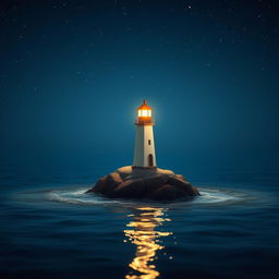A small, charming lighthouse stands half the size on a tiny rock in the midst of a tranquil sea at night