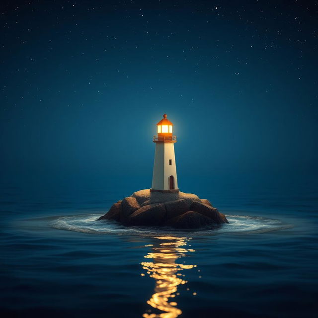A small, charming lighthouse stands half the size on a tiny rock in the midst of a tranquil sea at night