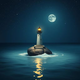 A small, charming lighthouse stands half the size on a tiny rock in the midst of a tranquil sea at night