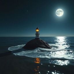 A small, charming lighthouse stands half the size on a tiny rock in the midst of a tranquil sea at night