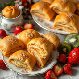A whimsical still life featuring a variety of delicious cuchuflis, which are traditional Chilean pastries made of layers of crispy dough filled with sweet, creamy fillings