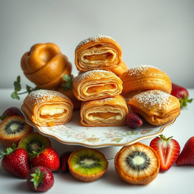 A whimsical still life featuring a variety of delicious cuchuflis, which are traditional Chilean pastries made of layers of crispy dough filled with sweet, creamy fillings