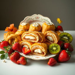 A whimsical still life featuring a variety of delicious cuchuflis, which are traditional Chilean pastries made of layers of crispy dough filled with sweet, creamy fillings