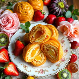 A whimsical still life featuring a variety of delicious cuchuflis, which are traditional Chilean pastries made of layers of crispy dough filled with sweet, creamy fillings