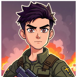 A male soldier with dark brown hair that fades into purple, and striking dark brown eyes, illustrated in a vibrant cartoon art style