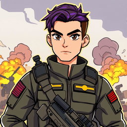 A male soldier with dark brown hair that fades into purple, and striking dark brown eyes, illustrated in a vibrant cartoon art style