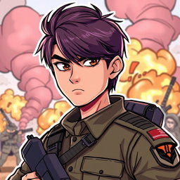 A male soldier with dark brown hair that fades into purple, and striking dark brown eyes, illustrated in a vibrant cartoon art style