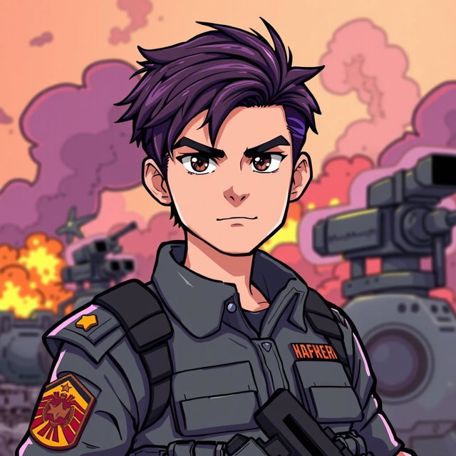 A male soldier with dark brown hair that fades into purple, and striking dark brown eyes, illustrated in a vibrant cartoon art style
