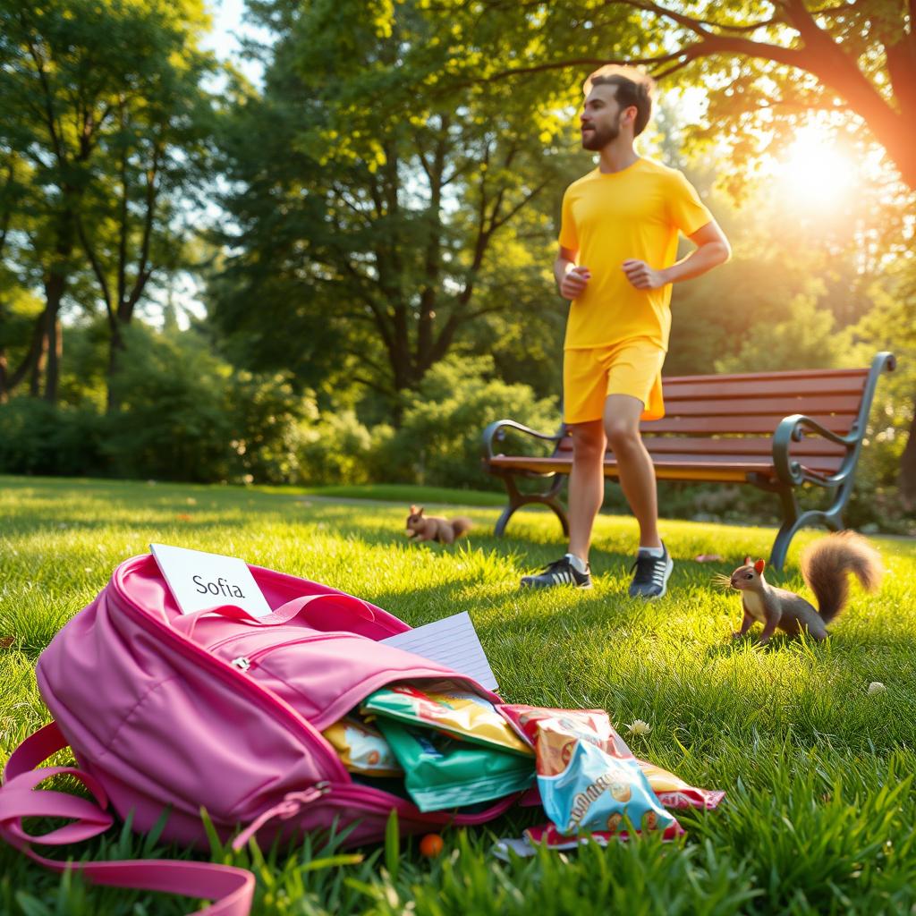 A whimsical scene capturing a sunny park atmosphere with vibrant greenery