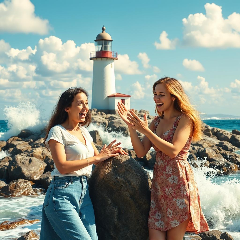 A realistic depiction of a lighthouse on a rocky coastline, with the lighthouse being 50% smaller than usual, surrounded by crashing waves