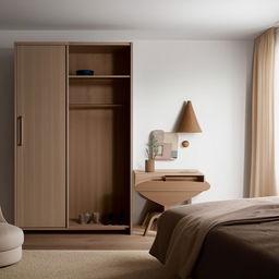 A cozy and inviting bedroom filled with stylish and modern furniture. Includes a comfortable bed, elegant bedside tables, a desk and chair with minimalist design, and a spacious wooden wardrobe.