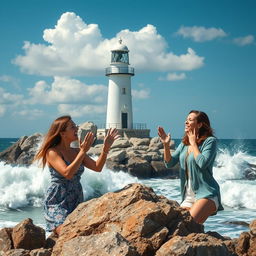 A realistic depiction of a lighthouse on a rocky coastline, with the lighthouse being 50% smaller than usual, surrounded by crashing waves