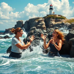 A realistic depiction of a lighthouse on a rocky coastline, with the lighthouse being 50% smaller than usual, surrounded by crashing waves
