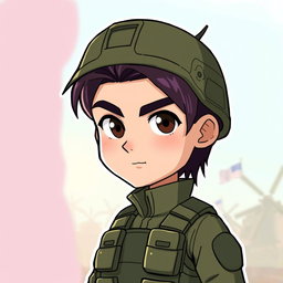 A cartoon-style illustration of a male soldier with dark brown hair that fades into purple