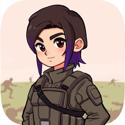 A cartoon-style illustration of a male soldier with dark brown hair that fades into purple