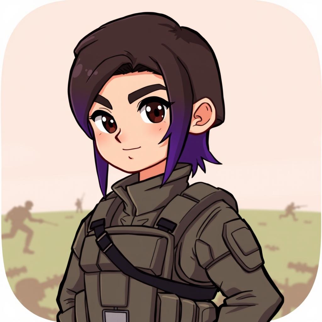 A cartoon-style illustration of a male soldier with dark brown hair that fades into purple