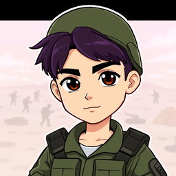 A cartoon-style illustration of a male soldier with dark brown hair that fades into purple