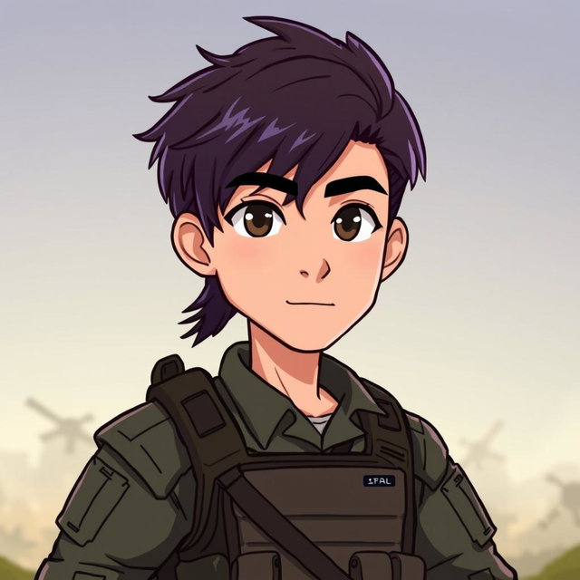 A cartoon-style illustration of a male soldier with dark brown hair that fades into purple