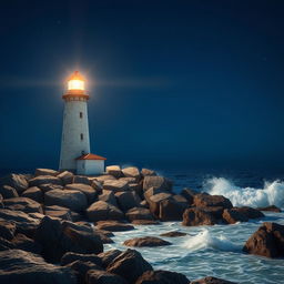 A realistic night scene of a lighthouse on a rocky coastline, with the lighthouse rendered at 50% of its usual size