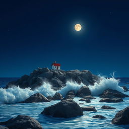 A realistic night scene of a lighthouse on a rocky coastline, with the lighthouse rendered at 50% of its usual size