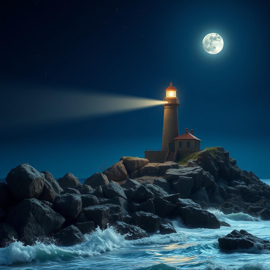 A realistic night scene of a lighthouse on a rocky coastline, with the lighthouse rendered at 50% of its usual size