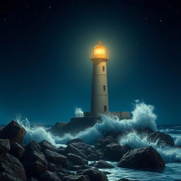A realistic night scene of a lighthouse on a rocky coastline, with the lighthouse rendered at 50% of its usual size