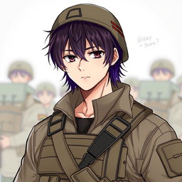 A detailed illustration of a male soldier with dark brown hair fading into purple