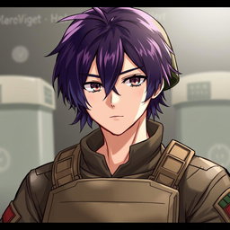 A detailed illustration of a male soldier with dark brown hair fading into purple