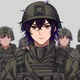 A detailed illustration of a male soldier with dark brown hair fading into purple