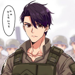 A detailed illustration of a male soldier with dark brown hair fading into purple