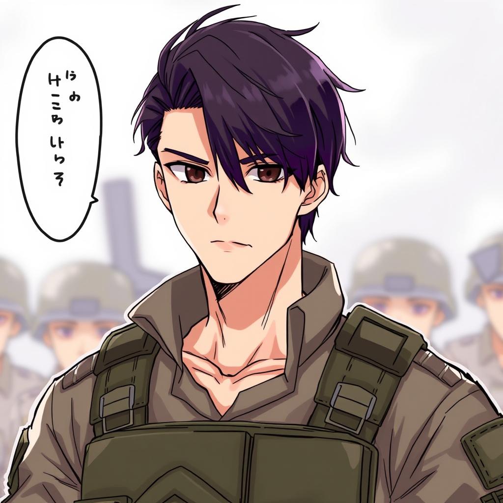A detailed illustration of a male soldier with dark brown hair fading into purple