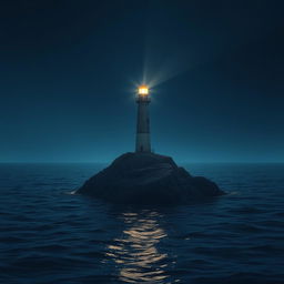A realistic night scene depicting a lighthouse that is 50% smaller than usual, positioned on a tiny rock surrounded by a vast, expansive sea