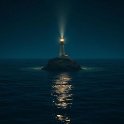 A realistic night scene depicting a lighthouse that is 50% smaller than usual, positioned on a tiny rock surrounded by a vast, expansive sea