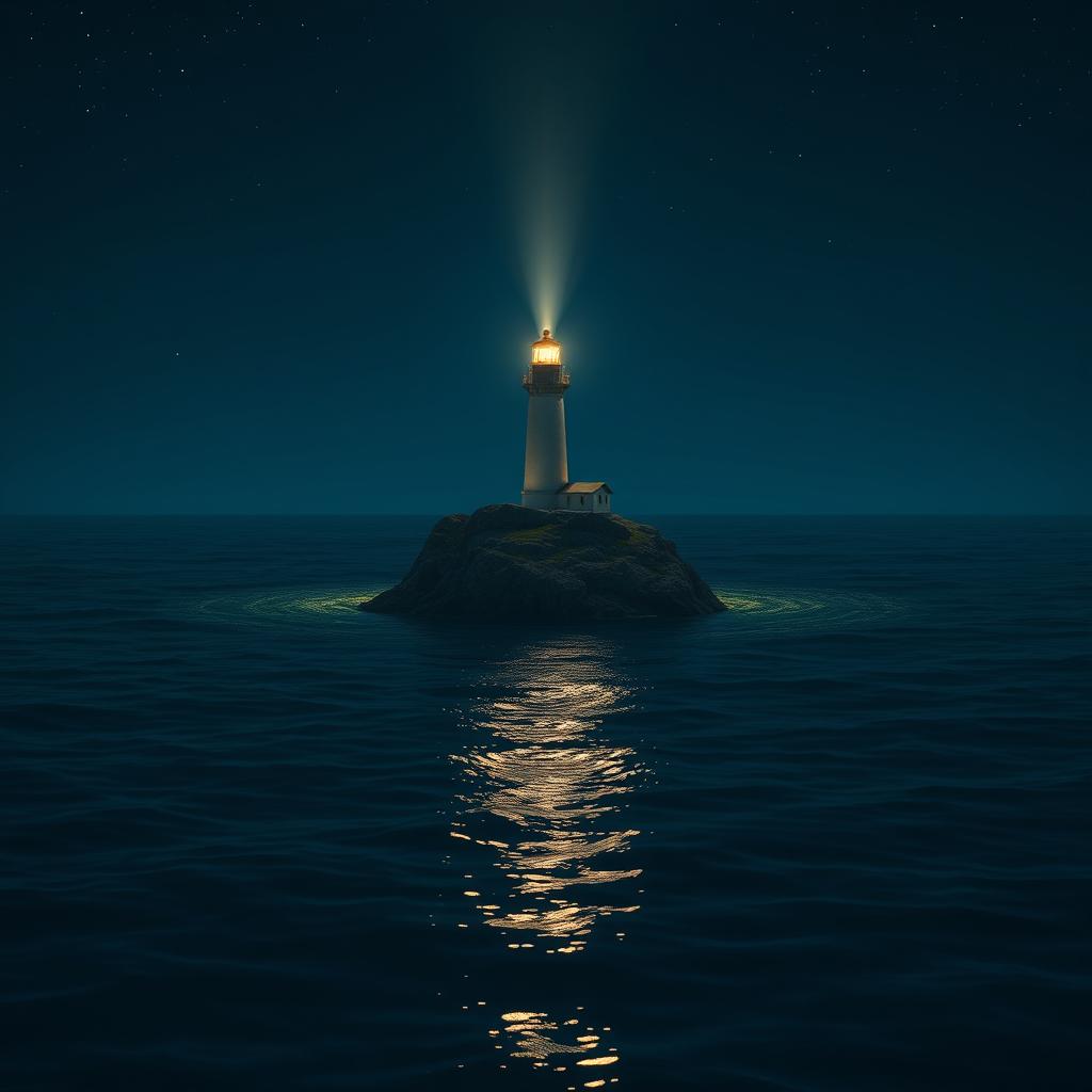 A realistic night scene depicting a lighthouse that is 50% smaller than usual, positioned on a tiny rock surrounded by a vast, expansive sea