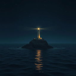 A realistic night scene depicting a lighthouse that is 50% smaller than usual, positioned on a tiny rock surrounded by a vast, expansive sea