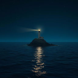 A realistic night scene depicting a lighthouse that is 50% smaller than usual, positioned on a tiny rock surrounded by a vast, expansive sea