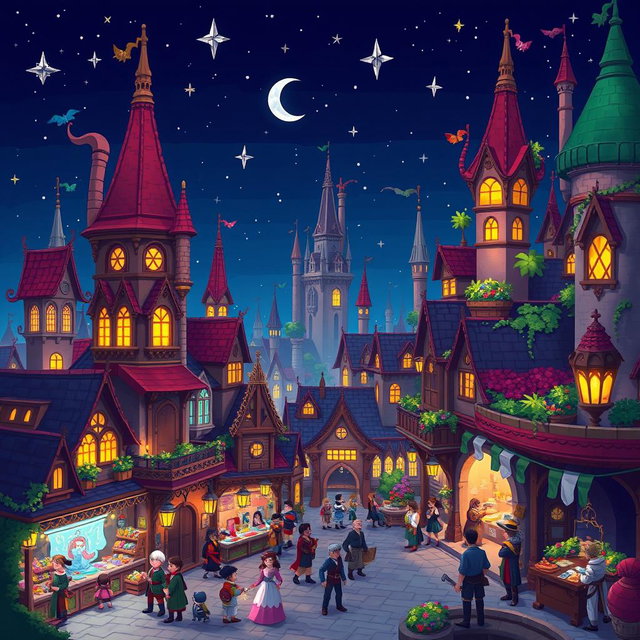A vibrant pixel art scene depicting a fantasy city at night, featuring whimsical architecture with towering spires and glowing windows, surrounded by twinkling stars in a deep blue sky